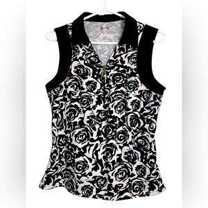 Swing Golf Shirt,Sleeveless, Stretchy, Front Zipper, White w Black Roses, Trim